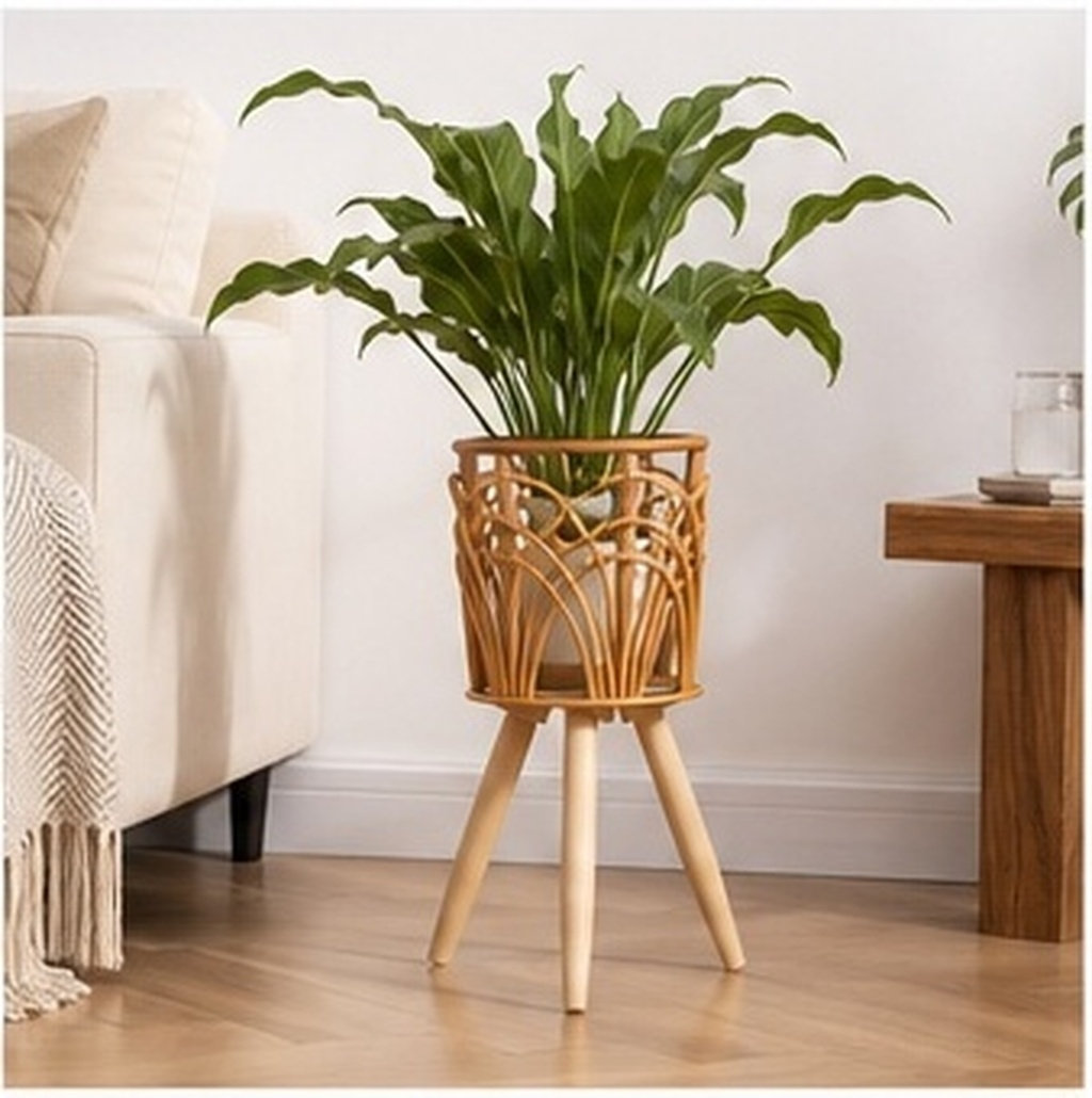 Rattan Plant Basket - Ahşap Rattan Saksı Standı, Ahşap Bitki